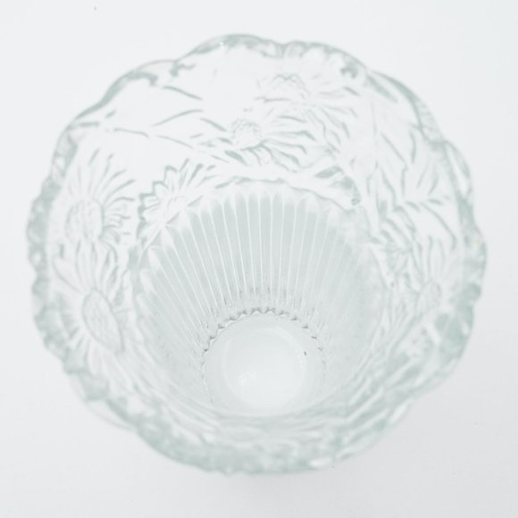 KIG Malaysia Clear Glass 6” Vase Ribbed with Embossed Sunflowers Scalloped Edge - Picture 2 of 5